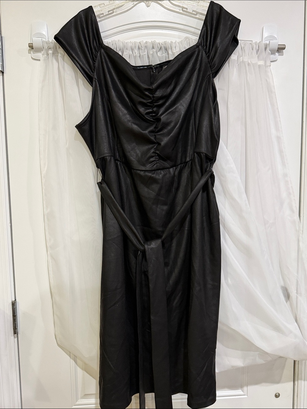 Lane Bryant Black Faux Leather Midi Dress with Tie Waist and Ruched Bodice